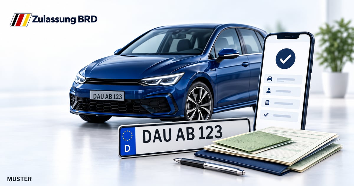 Online Fahrzeugzulassung in Daun: Musterkennzeichen DAU AB 123, Auto und Fahrzeugpapiere und Smartphone. Illustration mit Logo von Zulassung BRD.